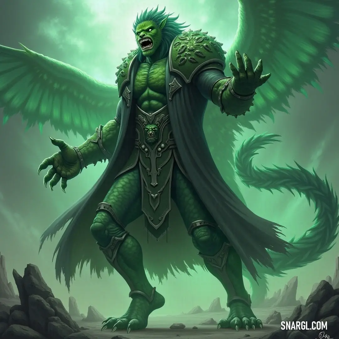 A captivating green monster with majestic wings and a flowing cloak atop its head and shoulders, embodying a sense of mystery. The rich colors and robust features create an enchanting presence reminiscent of mythical lore.