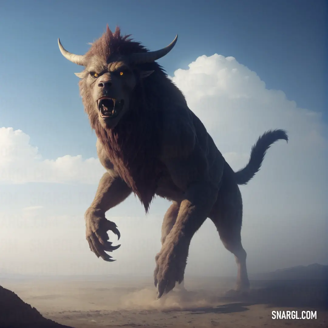 A large animal with horns runs freely across a vast desert, its powerful strides cutting through the arid landscape. The sky above adds contrast, a perfect backdrop to the animal’s graceful yet intense movement.