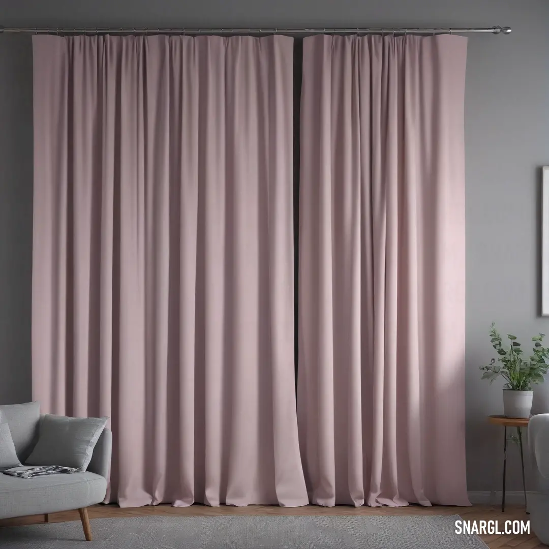 Living room with a couch and a curtained window with pink curtains on it's side and a chair in front of it. Color RGB 128,128,128.