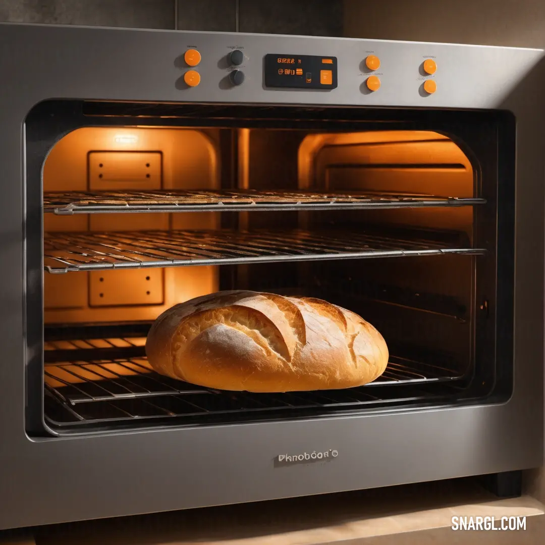 Loaf of bread is in an oven with light coming through it and it is ready to be baked. Example of #808080 color.
