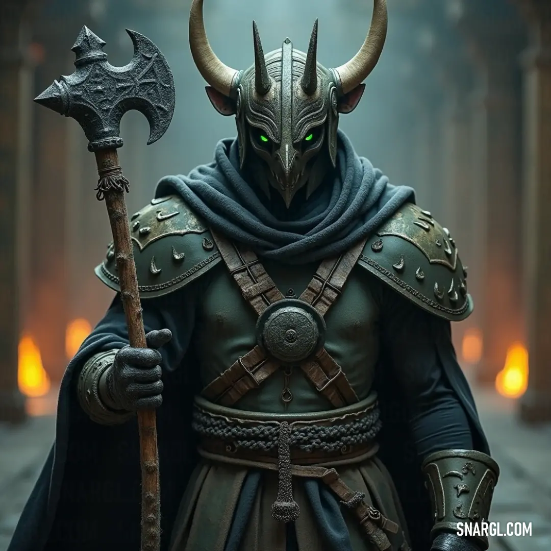 In a dim alleyway, a figure donned in a horned costume grips a hammer and staff with fierce determination, surrounded by flickering torches, blending shadows and light in a scene of silent power.