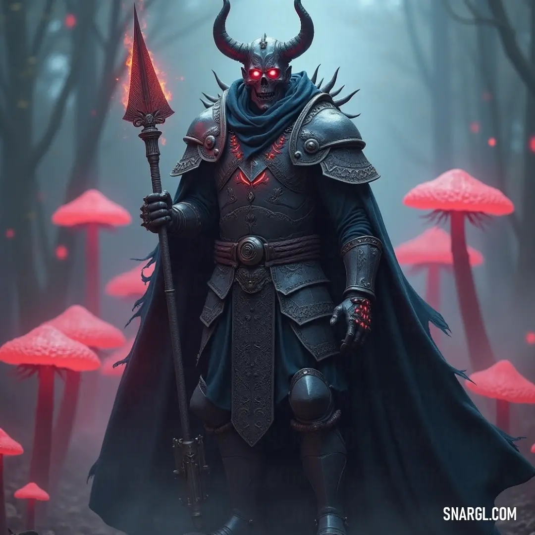 A captivating image of a man in a horned costume, holding a decorative sceptacle amidst a forest dotted with whimsical mushrooms. The forest ambiance adds an enchanting layer to his mysterious and mythical presence.