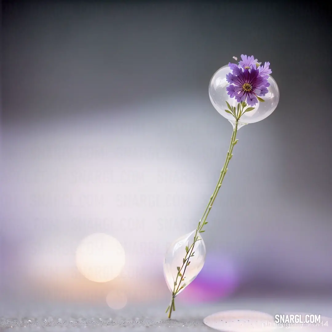 A delicate flower in a glass bubble vase sits atop a table, its subtle beauty enhanced by the soft, blurry background. The gentle contrast with the muted gray tones creates a peaceful and serene atmosphere.