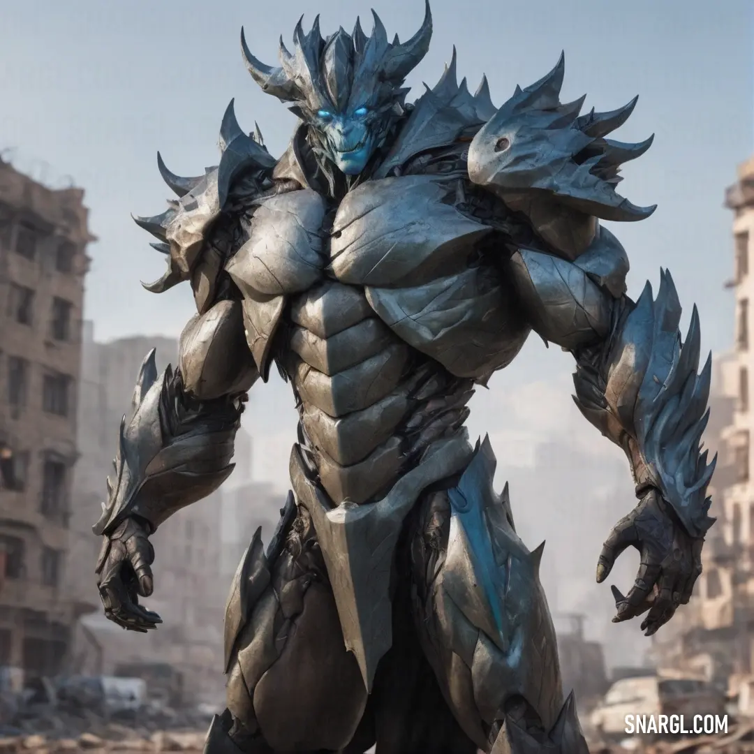 Statue of a monster with large horns and claws on it's head, standing in a city. Color #808080.