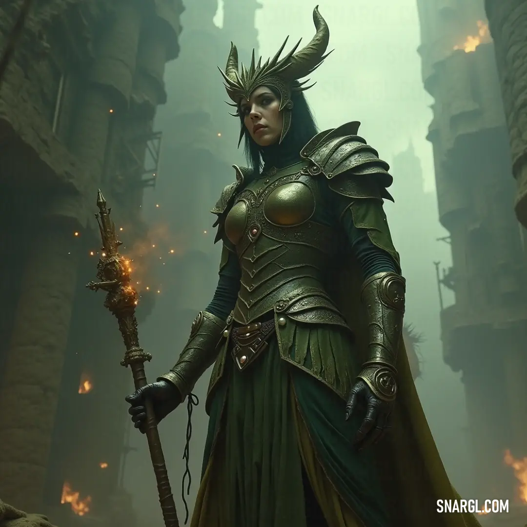 A formidable woman dressed in a striking green dress brandishes a sword while holding a flickering flame amidst a shadowy forest with towering buildings. The contrast in elements creates a thrilling atmosphere of adventure.