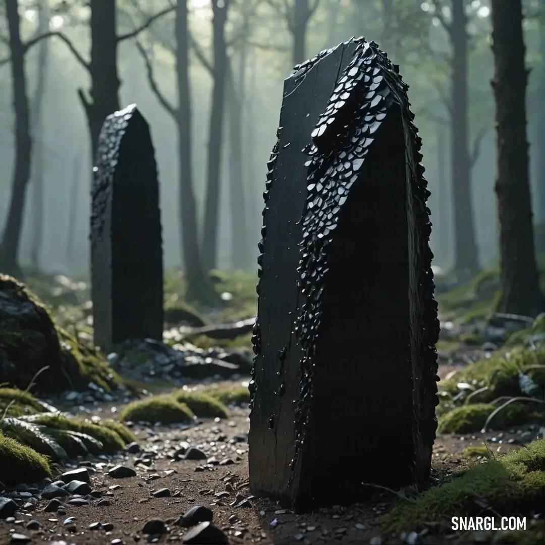 A collection of dark rocks creates an intriguing focal point in a serene forest setting, surrounded by lush greenery and enveloped in gentle fog. This atmospheric scene invites a sense of calm contemplation and connection with nature.