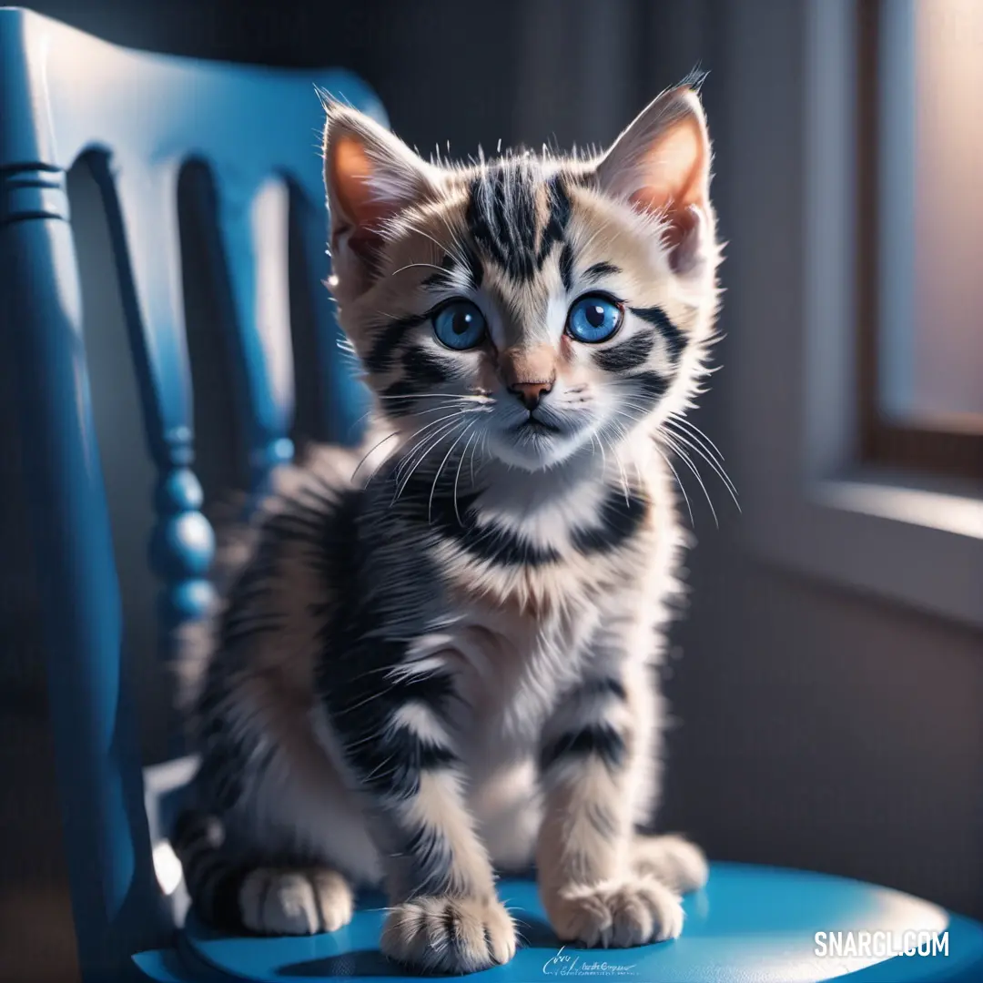 Kitten on a blue chair looking at the camera with a sad look on its face and eyes