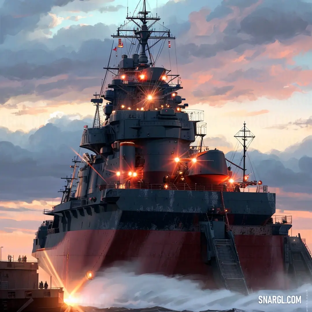 A massive ship glides across the water, its side illuminated by countless lights. The contrast between the dark waters and the vibrant ship creates a breathtaking scene of movement and energy on the water.