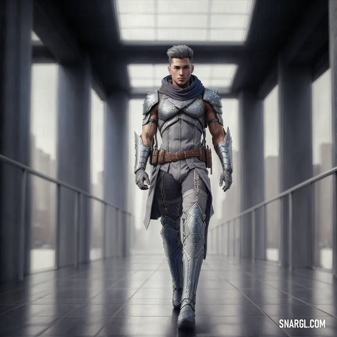 Man in a futuristic suit walking down a hallway with a sword in his hand and a helmet on