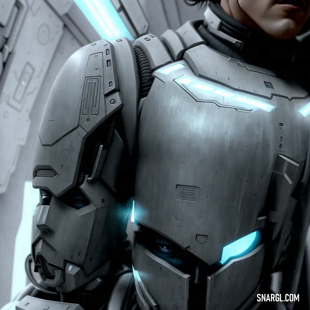 Man in a futuristic suit with a glowing light on his face and chest