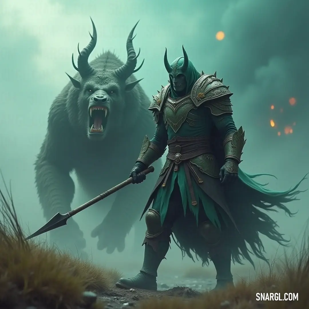 A dramatic scene featuring a man clad in green, wielding a spear alongside a fearsome demon adorned with horns, set against a backdrop embodying the essence of strength and conflict in shades of gray.