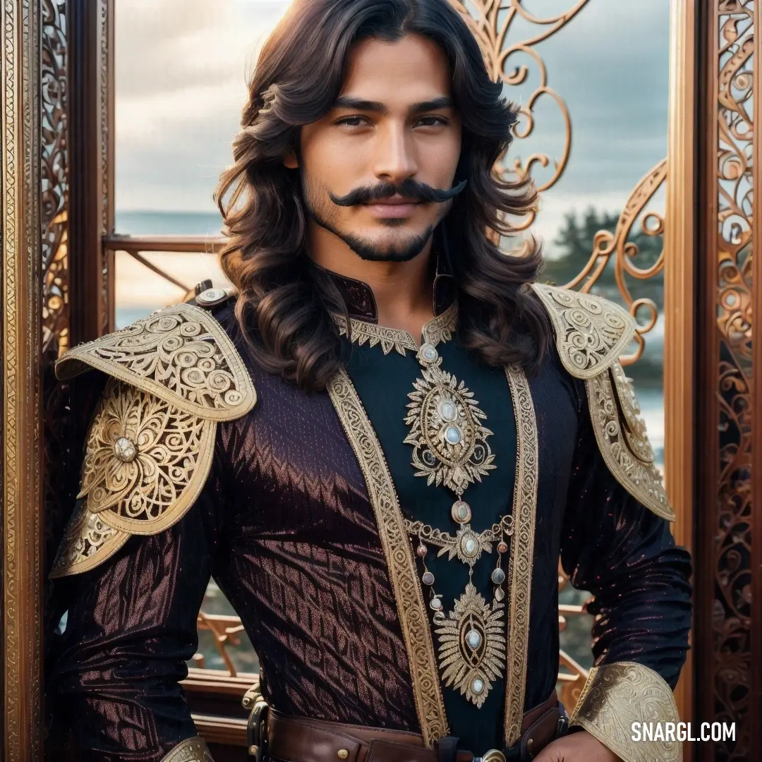 A man with long flowing hair and a thick mustache wears a black shirt adorned with gold trims. His regal costume adds an air of mystique and strength, captured in a moment that speaks to timeless style and bold personality.