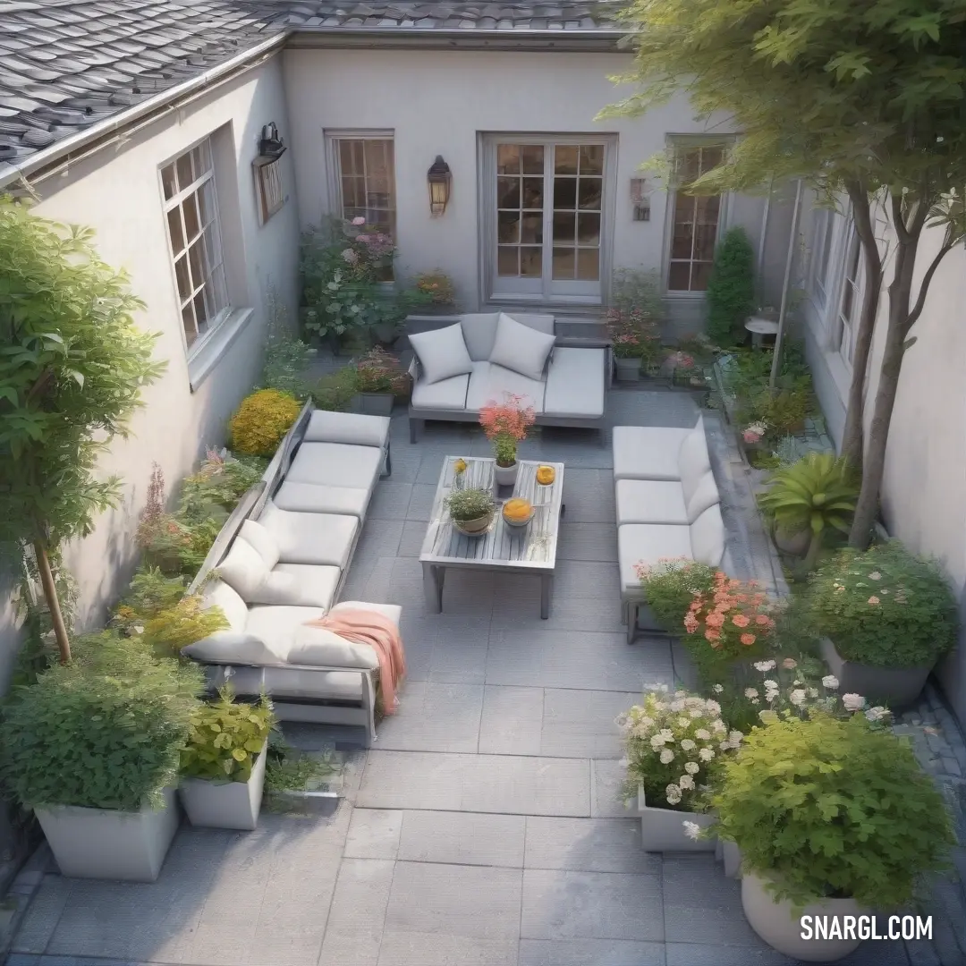 Gray color. Patio with a couch, table