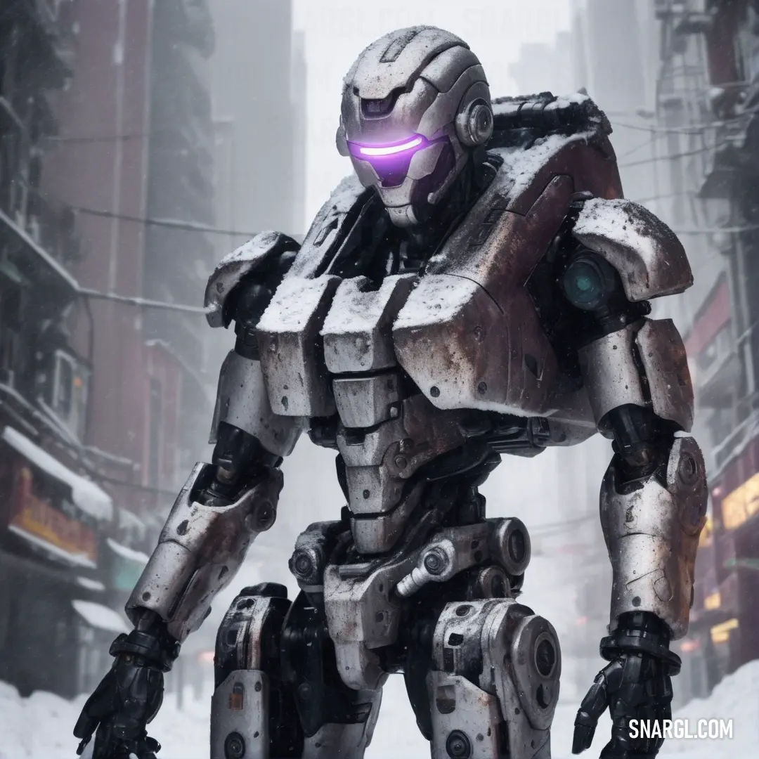 Robot standing in the middle of a city street in the snow with a purple light on its face. Example of #808080 color.