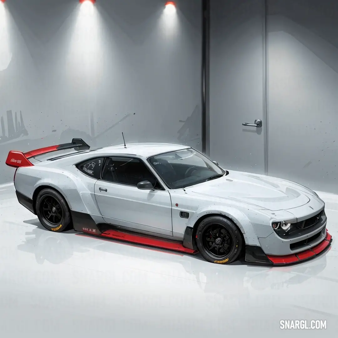 White sports car with red stripes parked in a garage with lights on the side of it