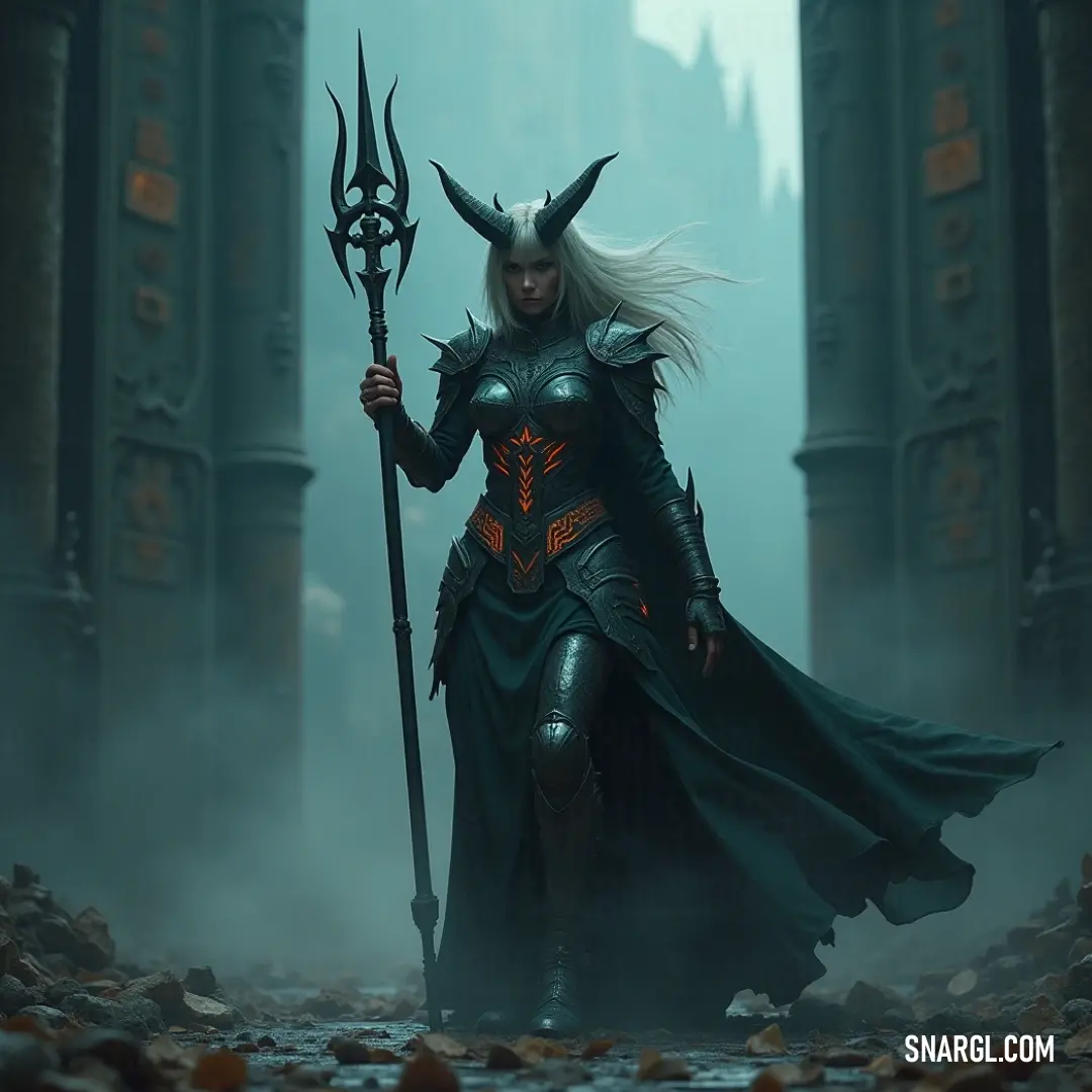 An ethereal woman clad in a black outfit gracefully holds a horned staff while another staff rests on her arm, enveloped in a foggy ambiance. The muted colors draw attention to her commanding presence amidst the mist.