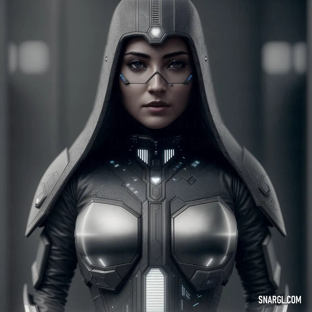 Woman in a futuristic suit with a hood on her head and a sci - fi
