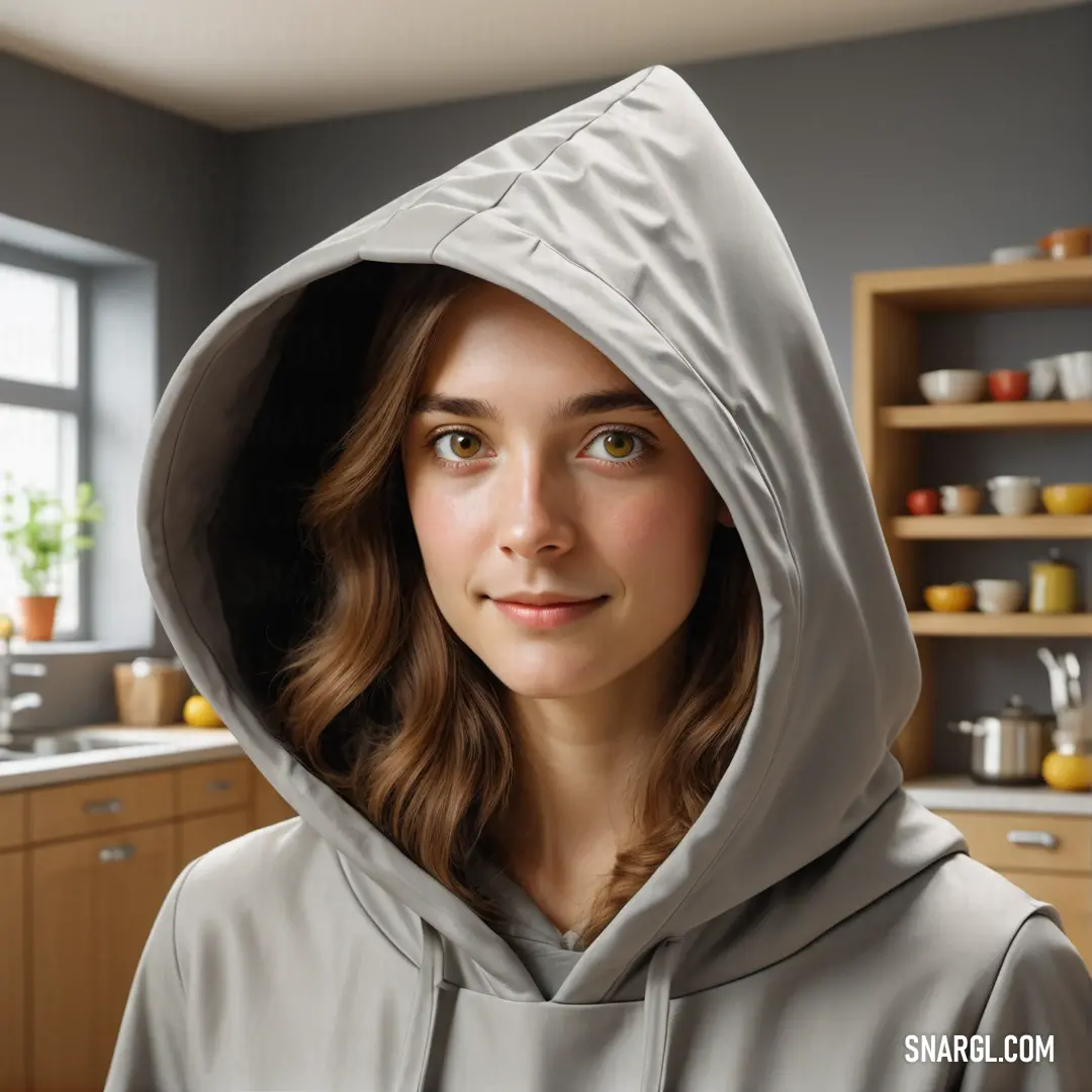 Gray color. Woman in a gray hoodie in a kitchen with a window and shelves of food on the wall