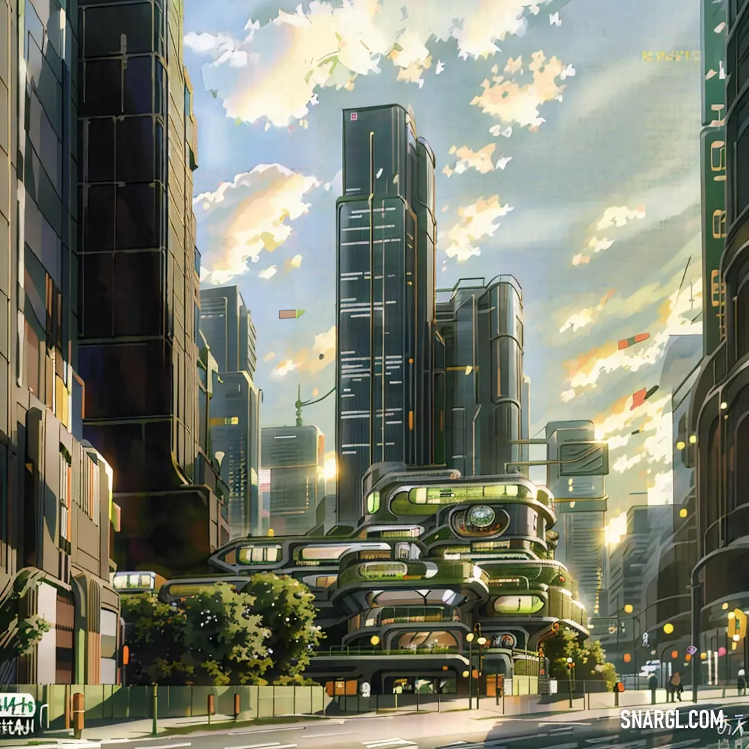 City with a lot of tall buildings and a sky background with clouds in the sky and a few cars on the road