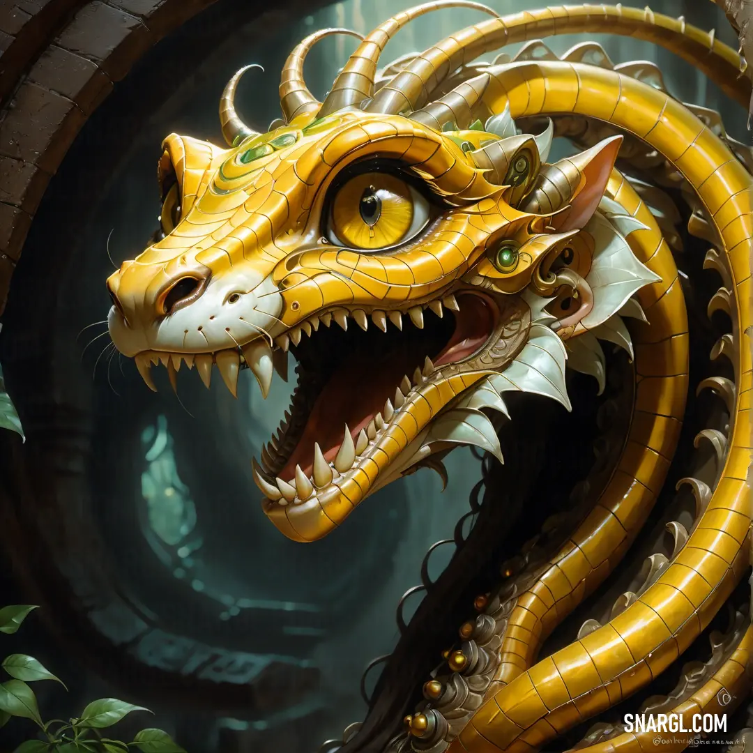Dragon with yellow eyes and a large mouth is shown in this painting of a dragon with yellow eyes
