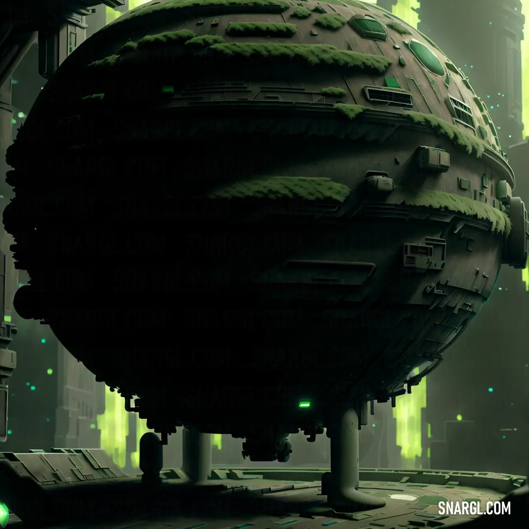 Futuristic city with a giant green object in the middle of it's floor and a green light shining on the building