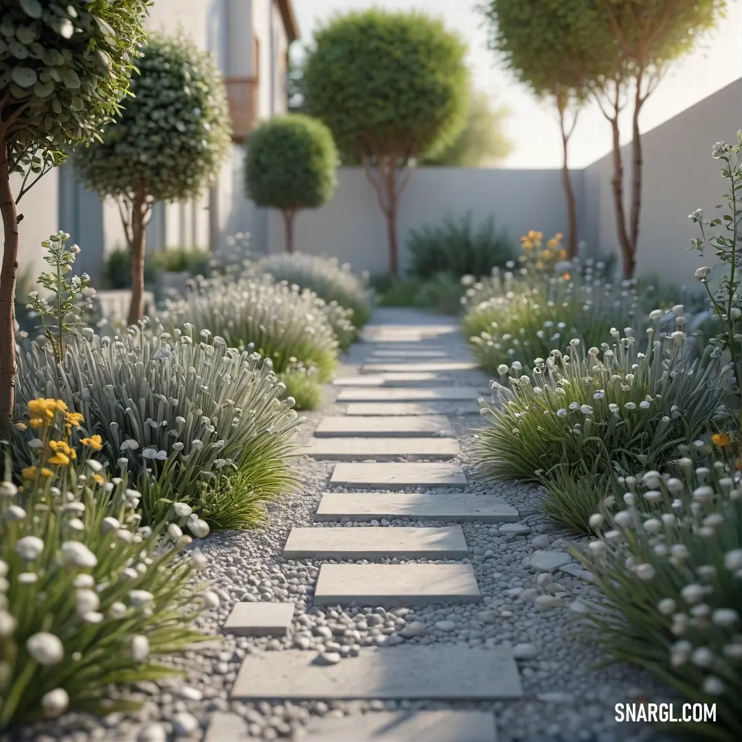 Garden with a stone path between two buildings and trees in the background. Color RGB 70,89,69.