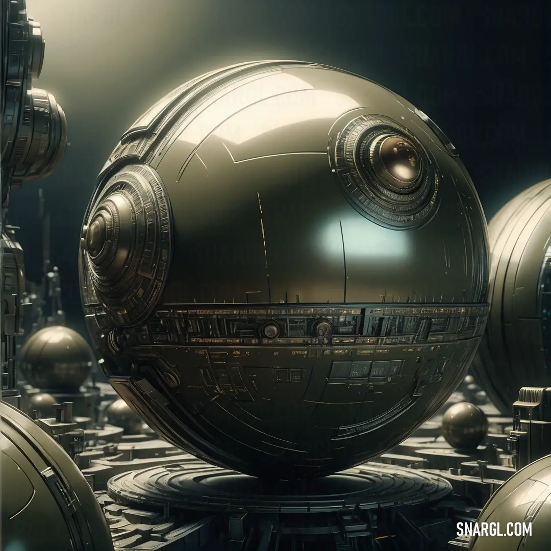 Star wars scene with a giant metal ball and many smaller metal balls in the background. Color Gray-Asparagus.