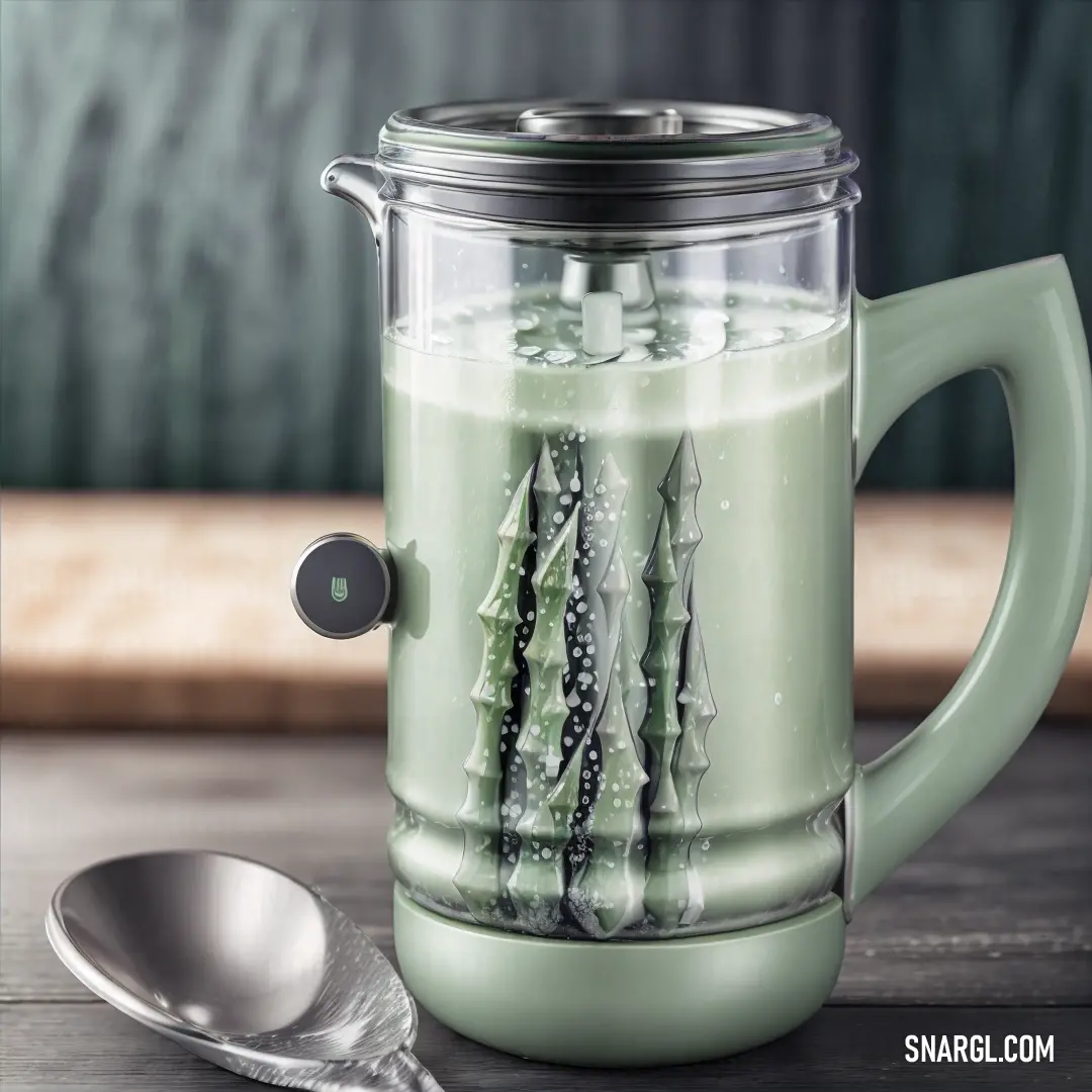 Green mug with a spoon next to it on a table with a green wall behind it