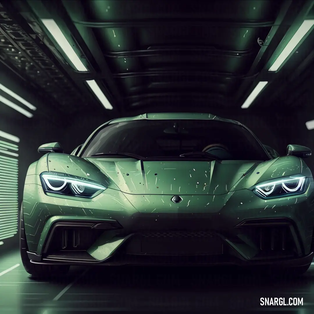 Green sports car is shown in a tunnel with lights on it's headlamps and a black background