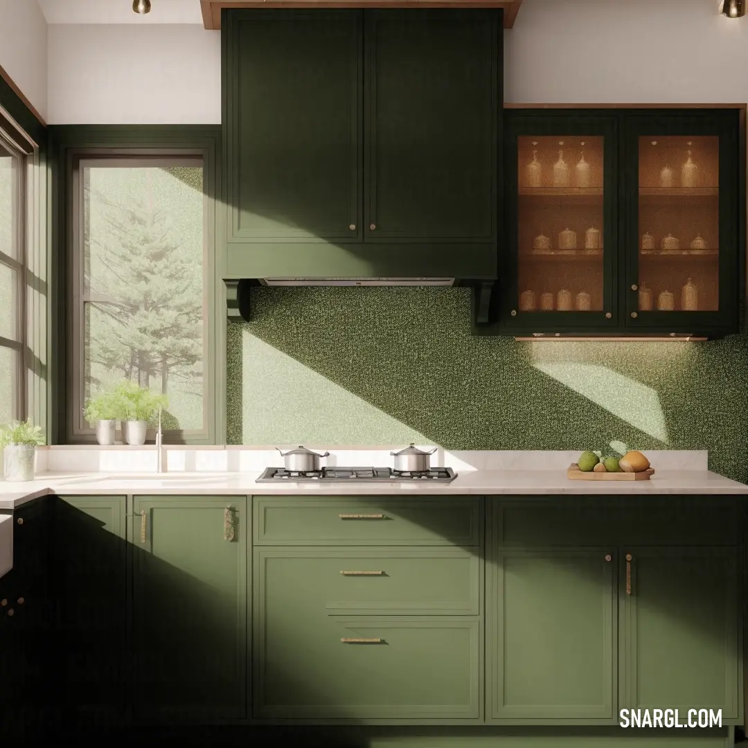 Kitchen with green cabinets and a white counter top and a window with a view of the outside of the room