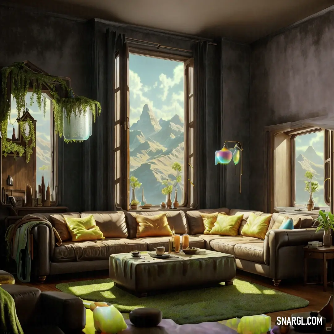 Living room with a large window and a couch in it with a green rug on the floor and a mountain view. Example of RGB 70,89,69 color.