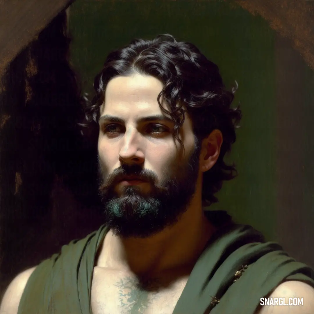 Painting of a man with a beard and a green shirt on