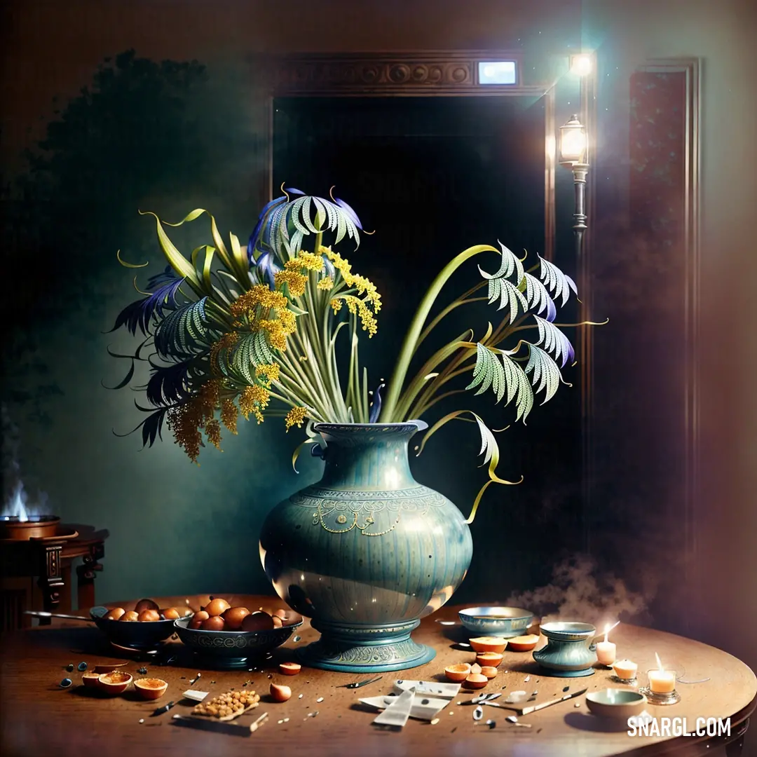 Vase of flowers on a table with other items on it and a mirror in the background behind it