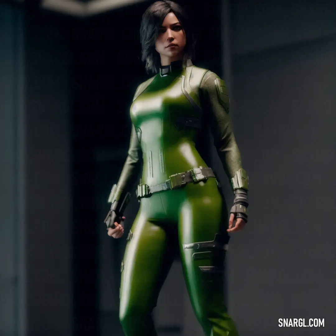 Woman in a green suit standing in a room with a gun in her hand and a helmet on