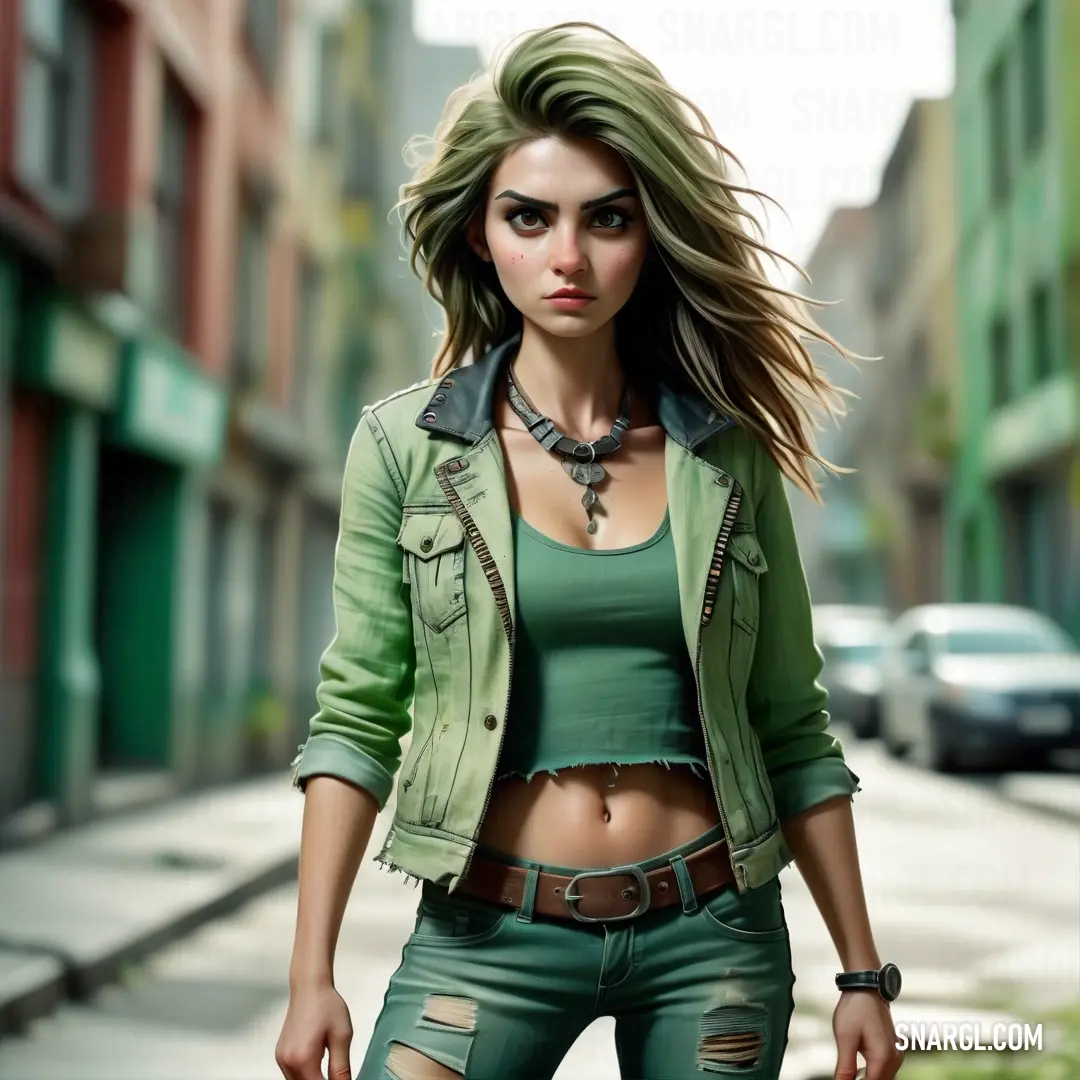 Woman in a green top and jeans walking down a street with a green jacket on her shoulders