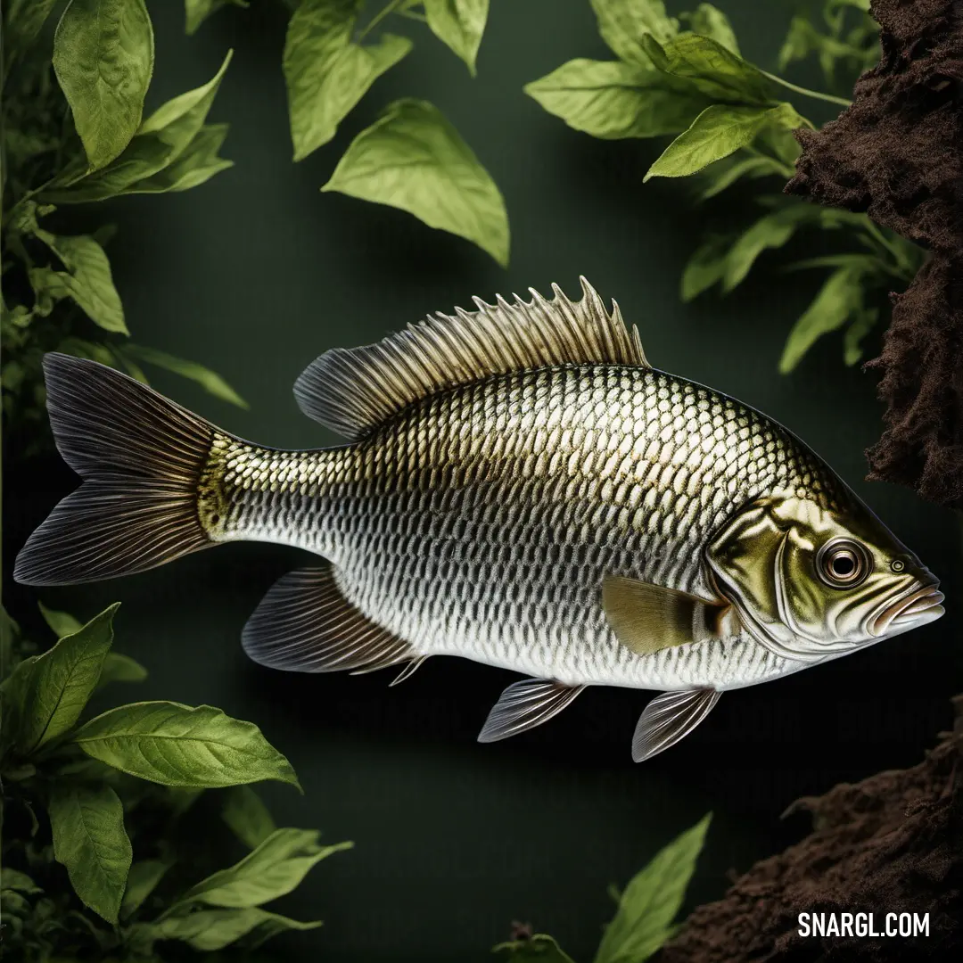 Fish is swimming in a pond of water and plants, with dirt and grass around it