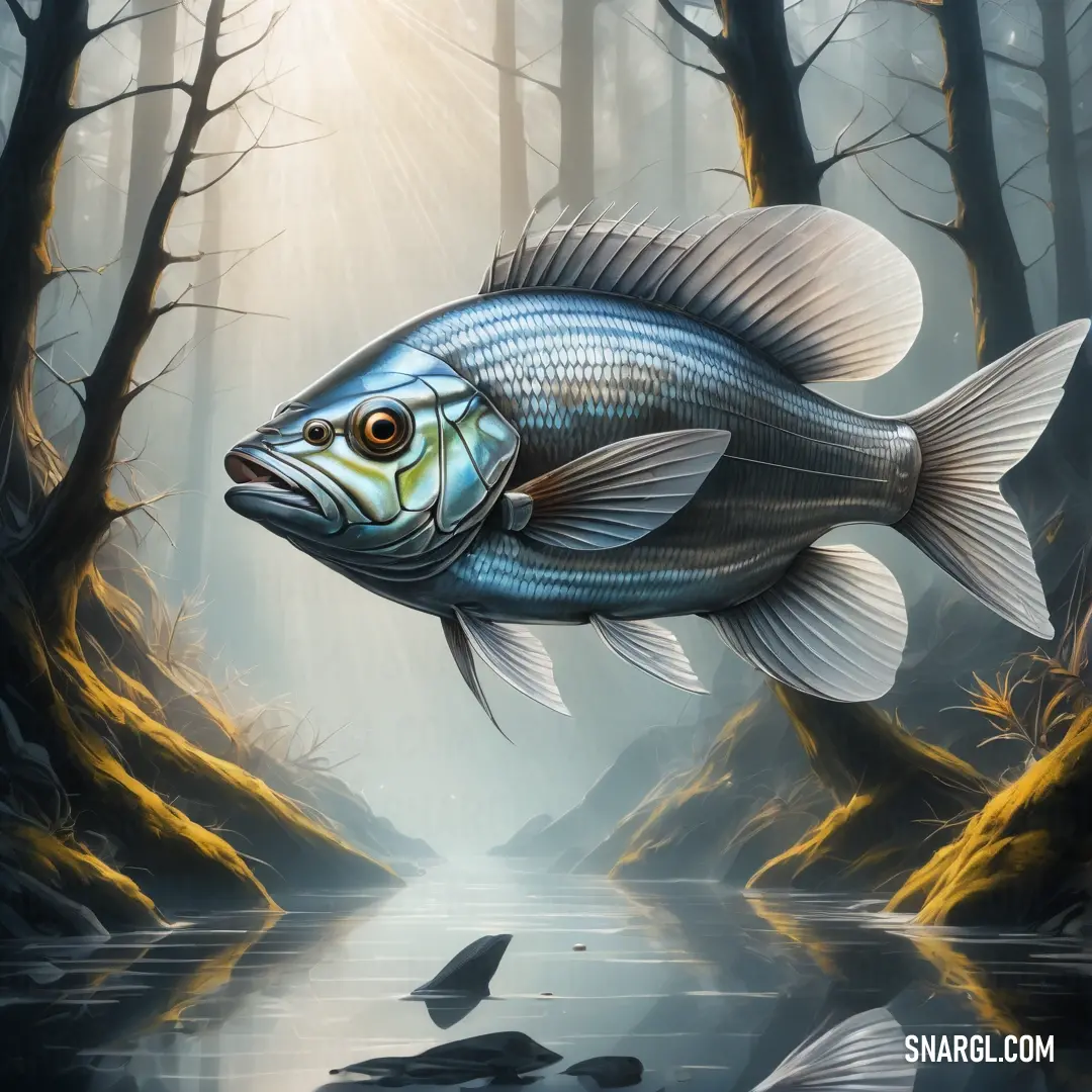 Fish is swimming in a body of water near trees and a forest with a sunbeam in the background