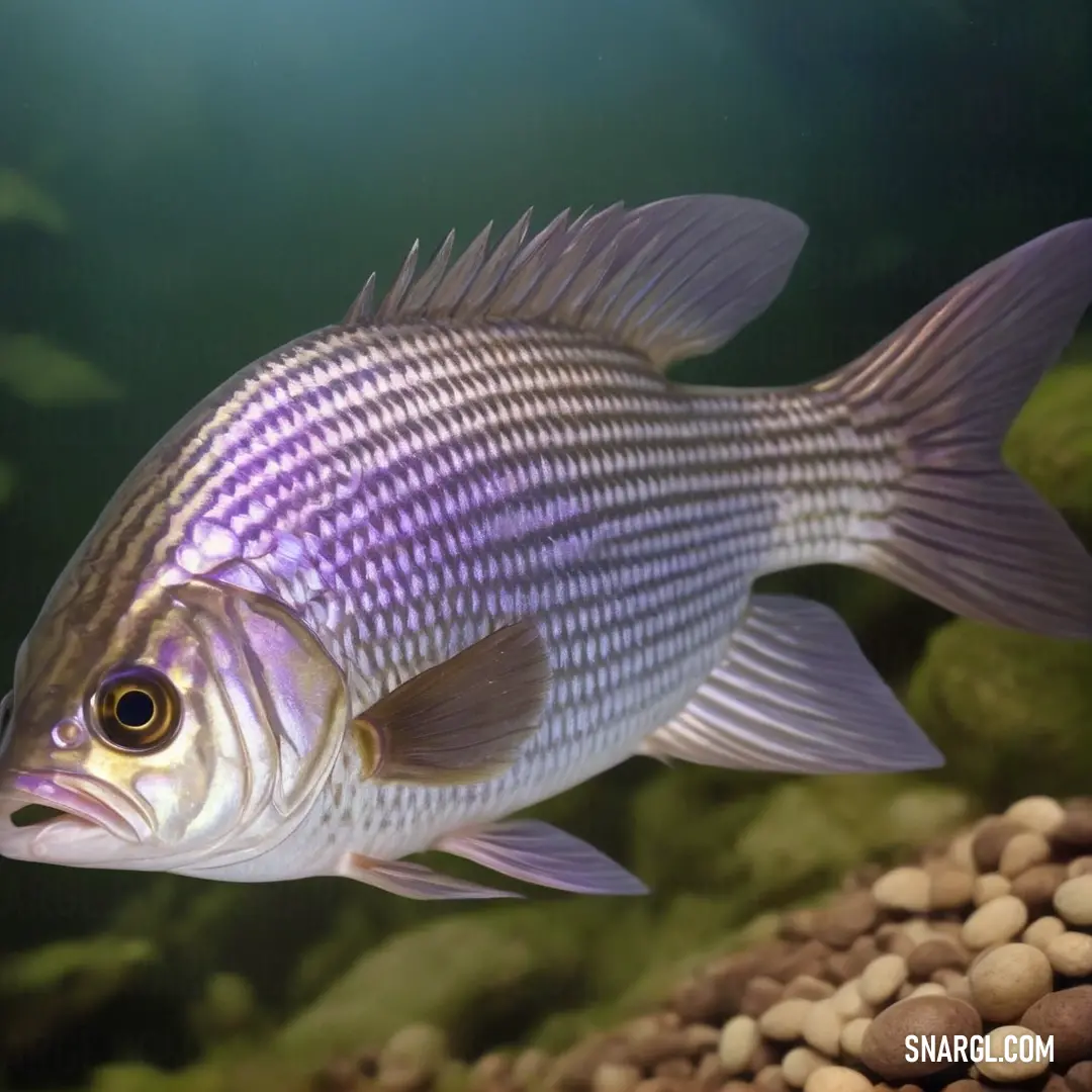 Fish that is swimming in some water near rocks and gravels on the ground and a green background