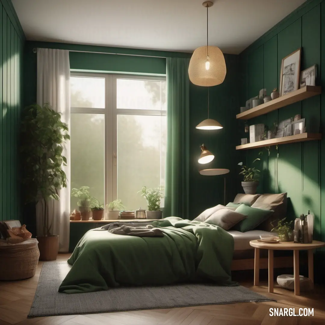 Bedroom with green walls and a bed with a green comforter and pillows and a lamp hanging from the ceiling. Example of Gray-Tea Green color.