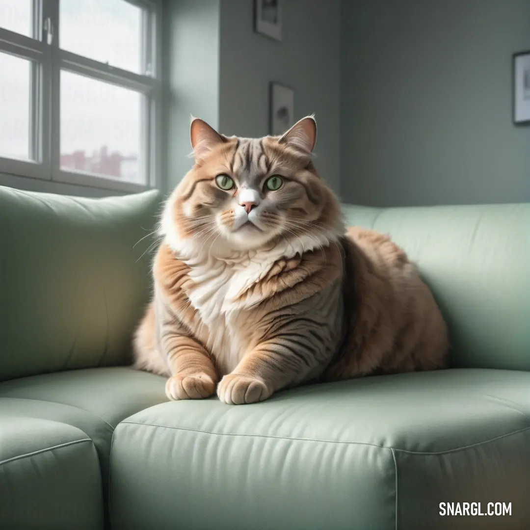 Cat on a green couch in a room with a window and a picture on the wall behind it