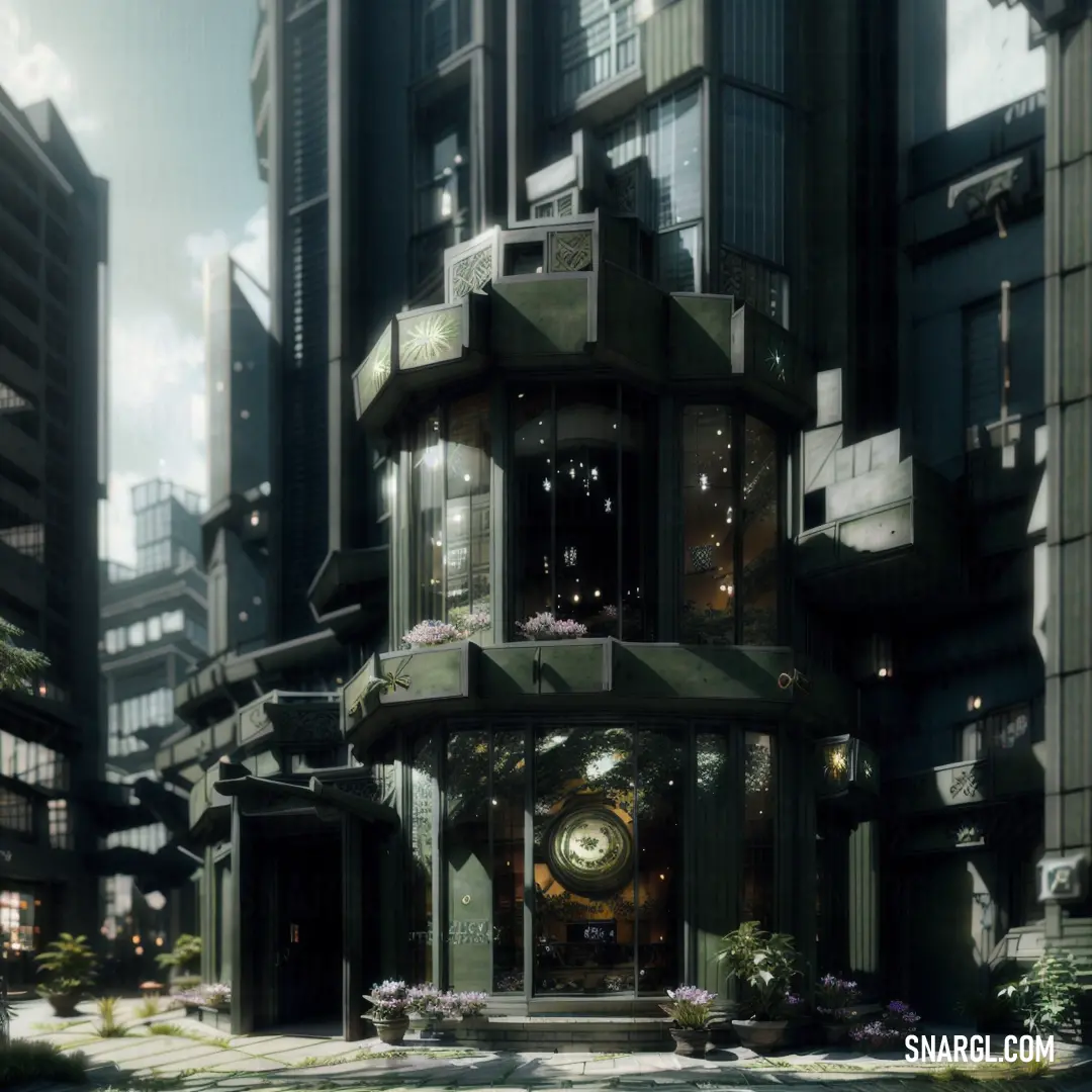 Futuristic city with a clock tower in the center of the building and a lot of tall buildings in the background