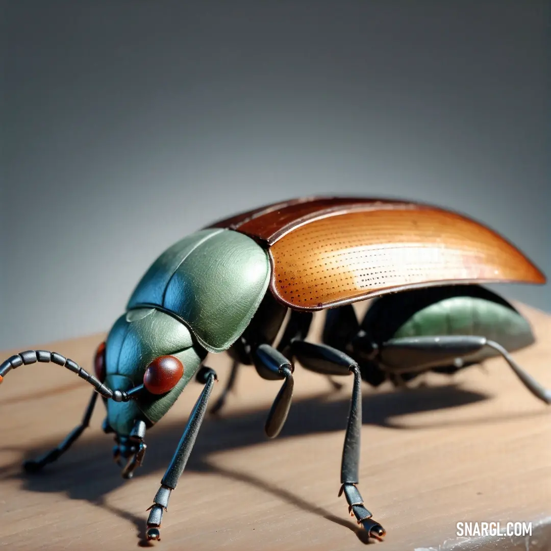Close up of a beetle on a table with a light background. Color CMYK 5,0,11,40.