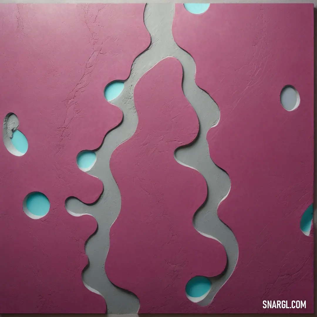 Painting with holes in it on a wall with a pink background. Color Gray-Tea Green.