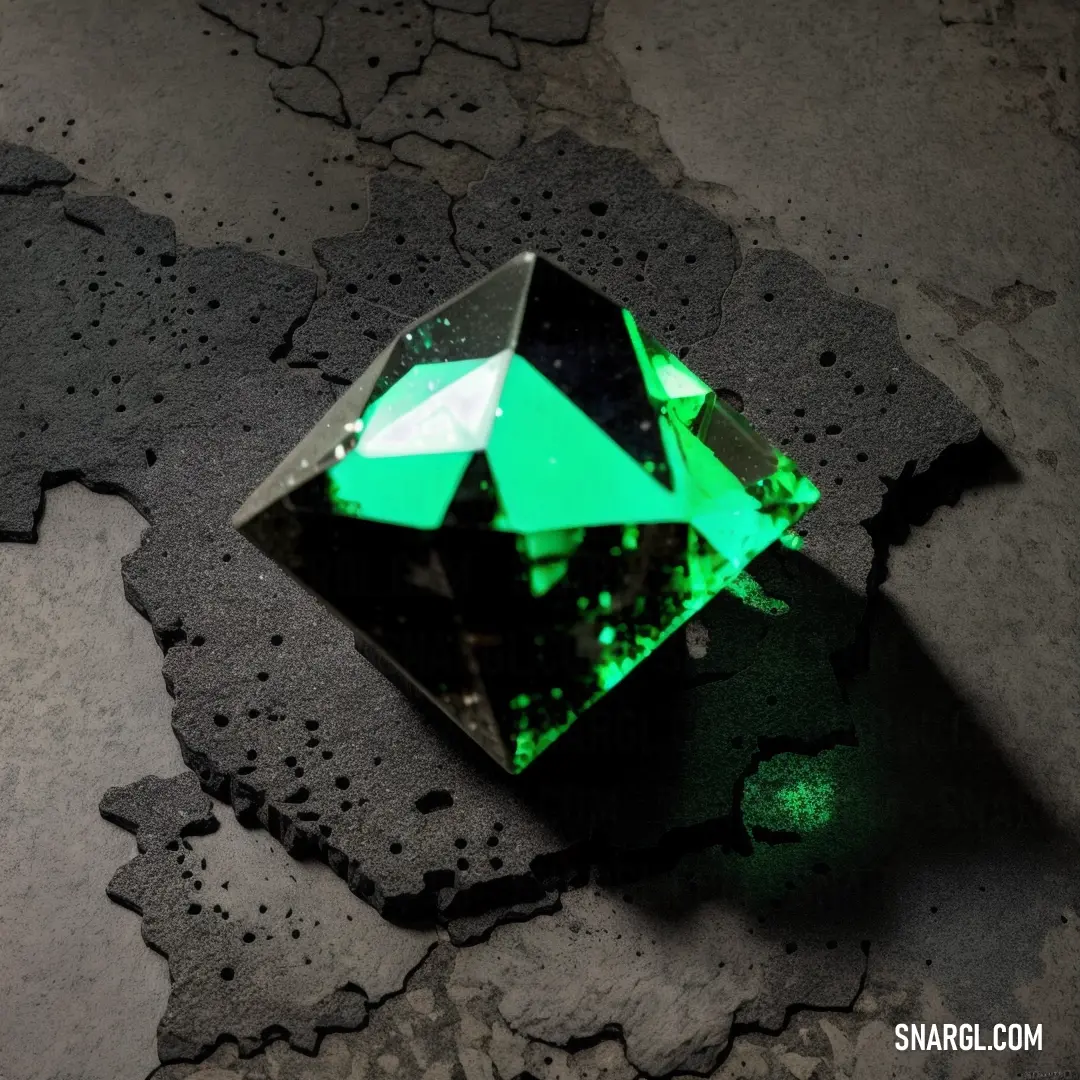 Green diamond on top of a cracked surface with a black background and a green light shining on it