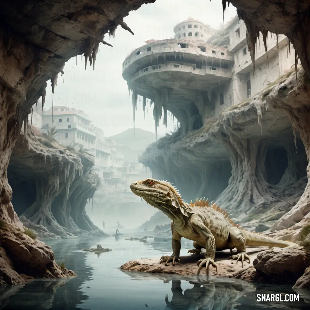 Large lizard on a rock in a cave next to a river and buildings in the background with icicles hanging from the roof