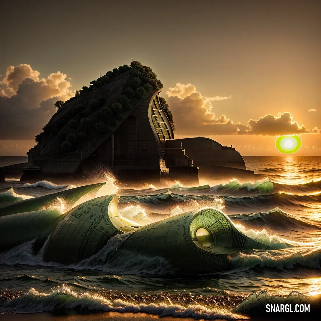 Large wave crashes into a building on the beach at sunset with the sun shining behind it and the ocean crashing