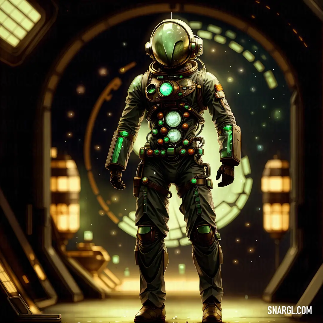 Man in a space suit standing in front of a clock tower with a green light on his face