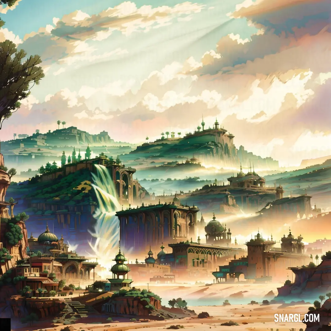 Painting of a fantasy city with a waterfall in the middle of it and a sky background with clouds