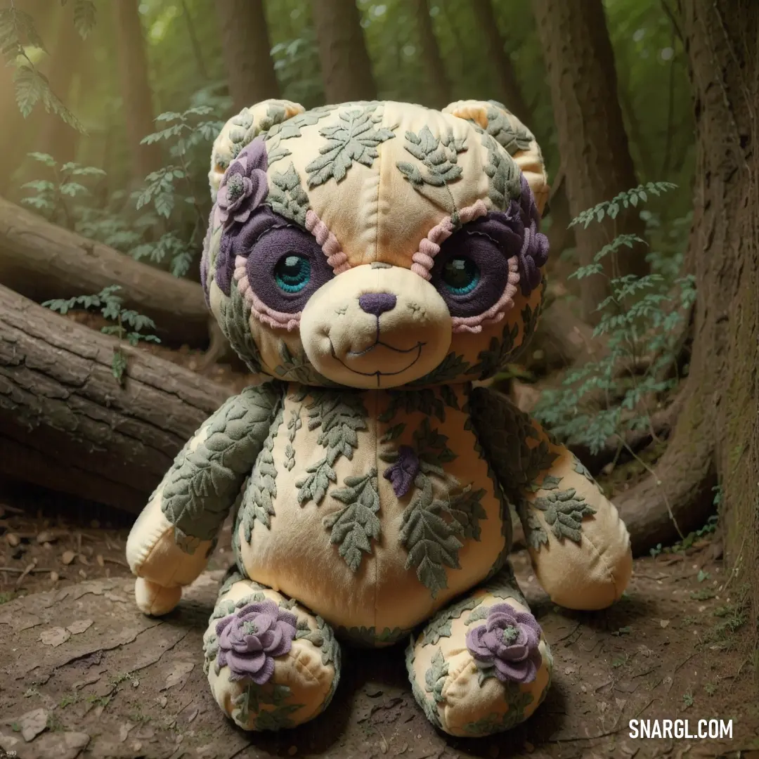 Stuffed animal is on a log in the woods with a tree behind it and a fallen tree trunk. Color #939A89.