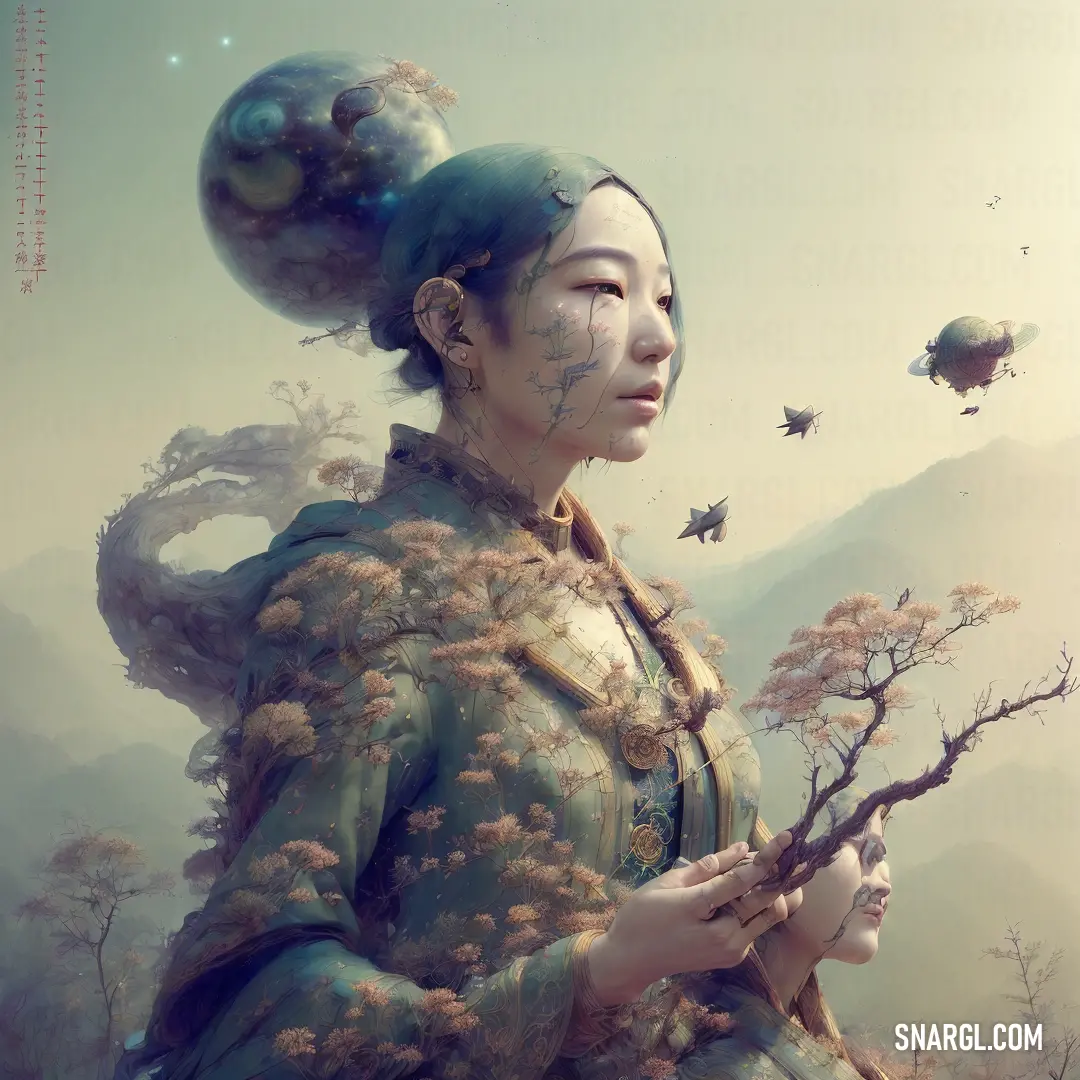 Woman with a strange hairdo holding a branch in her hands and flying birds in the sky above her